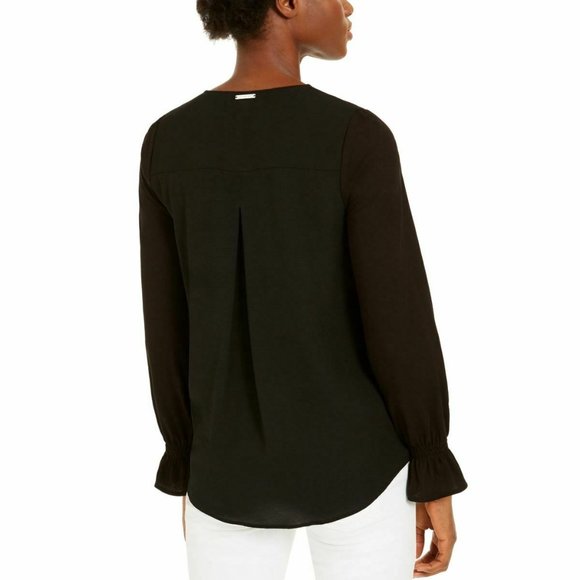 MICHAEL KORS Black Flare-sleeve Mixed Media Blouse - Picture 2 of 3